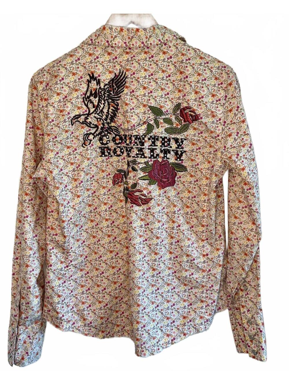 Country Royalty Y2K Floral Rose Embroidered Rhinestone Western Pearl Snap M - Picture 2 of 10
